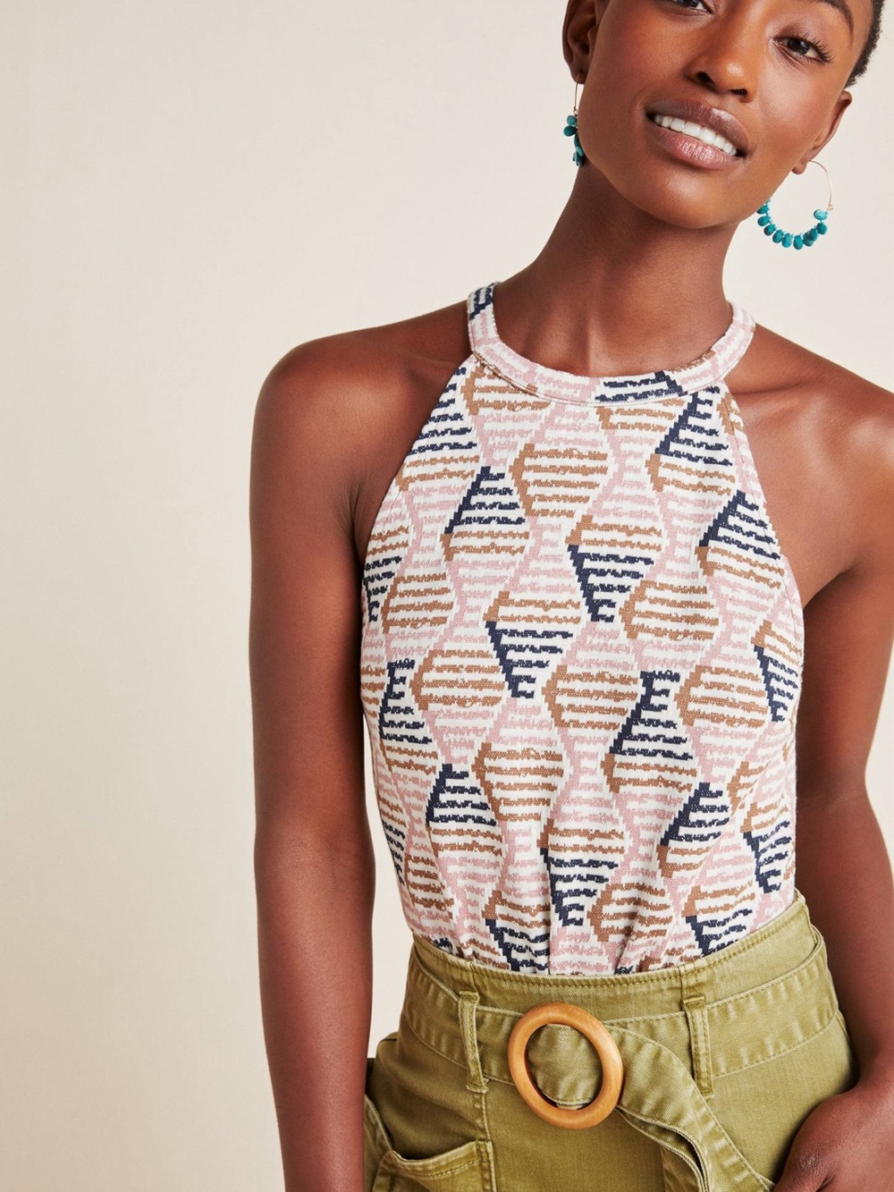 Anthropologie Lindsay Sleeveless Geo-Print Halter Tank Top in Pink & Navy